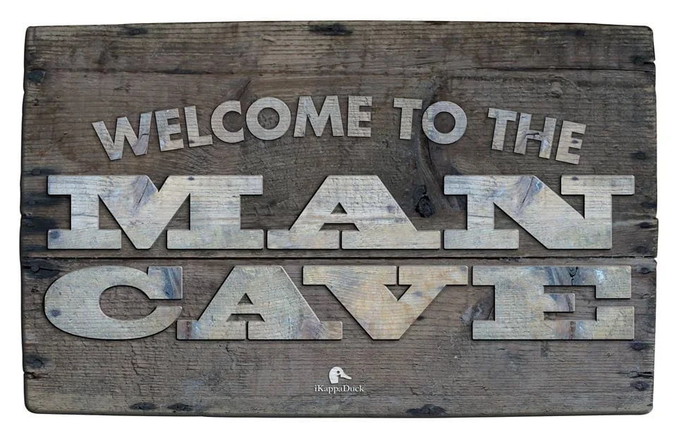 Welcome to the Man Cave print with carved wood lettering