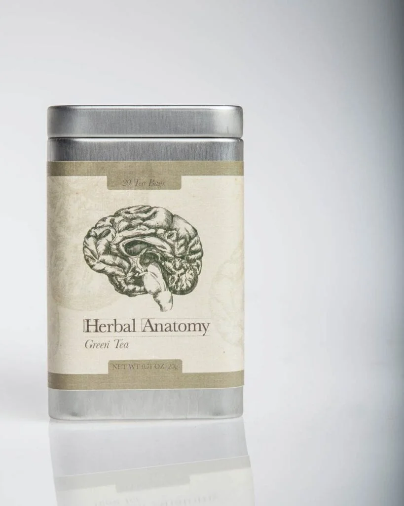 Close view of a Herbal Anatomy tea tin