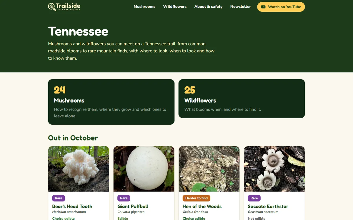 Trailside Field Guide Tennessee hub page listing 24 mushrooms and 25 wildflowers